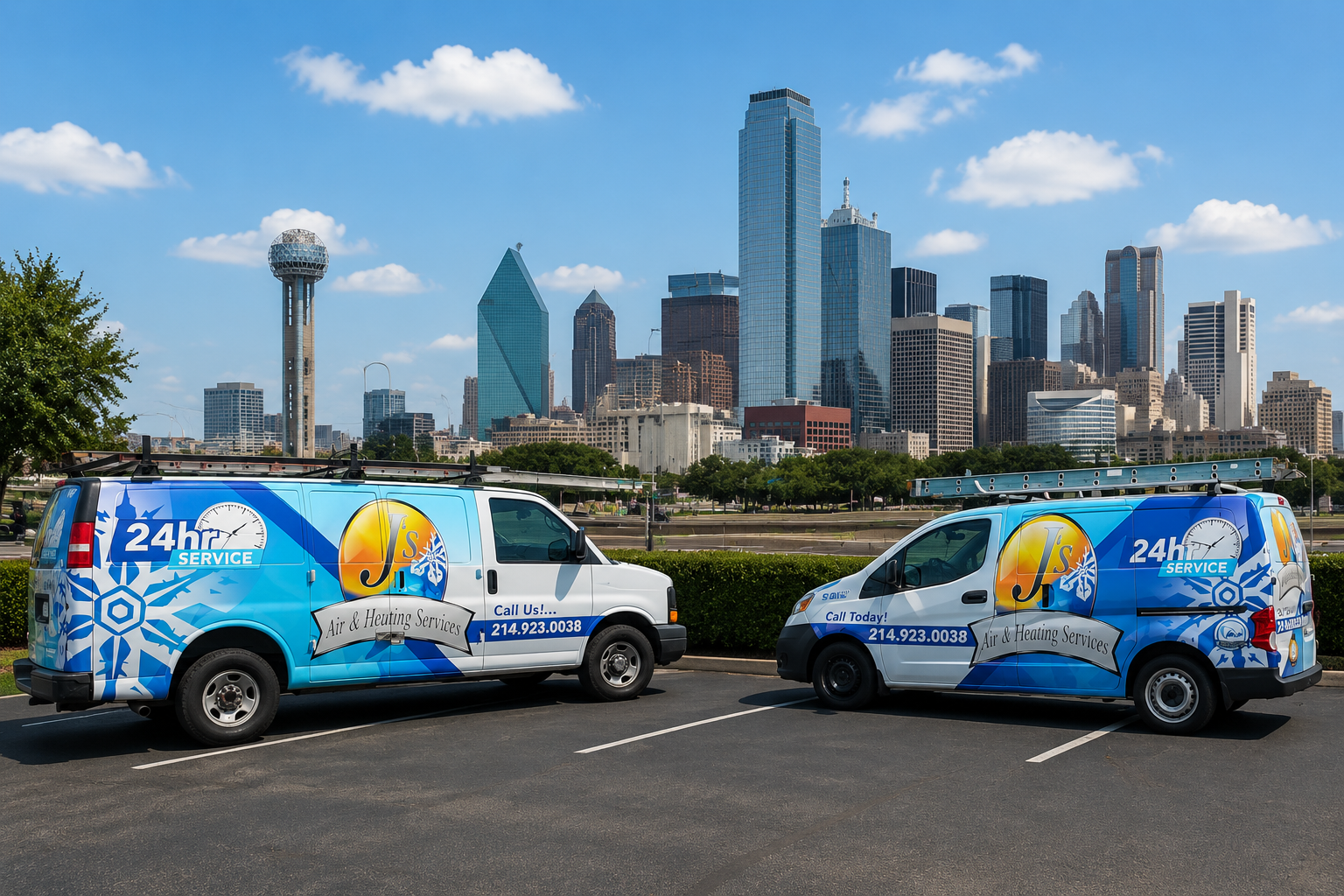 J's Air & Heating service vans with the Dallas skyline